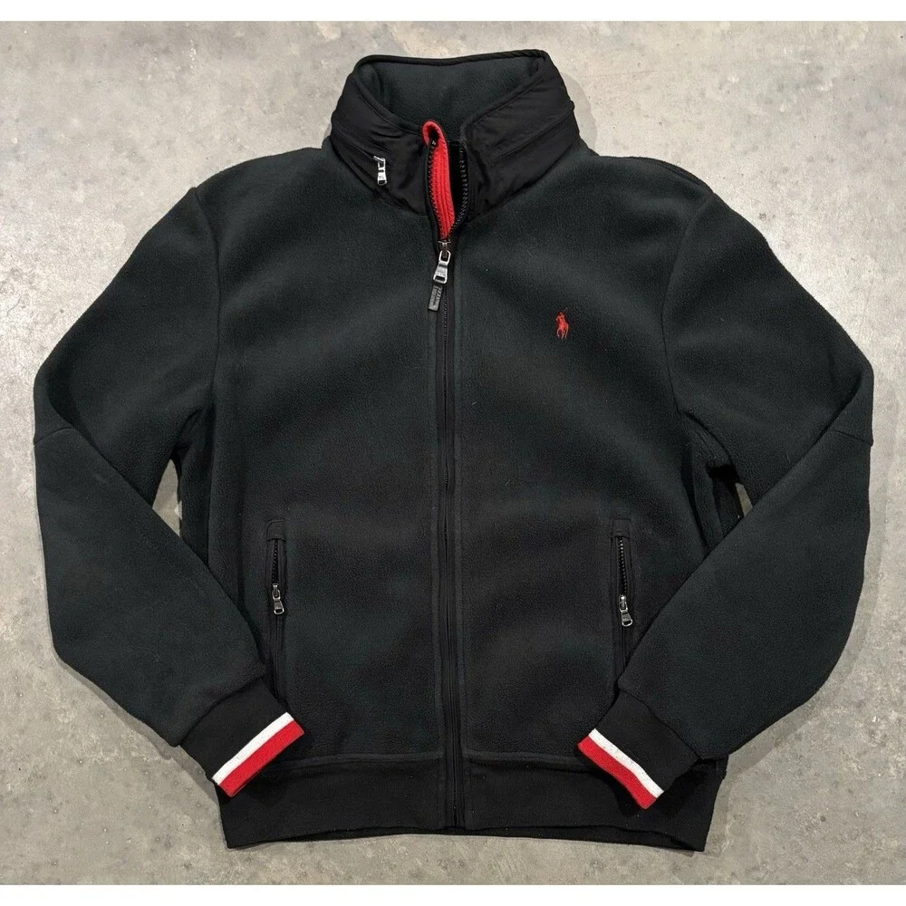 Polo Ralph Lauren Fleece Jacket Mens L Black Performance Full Zip Hidden Hood
